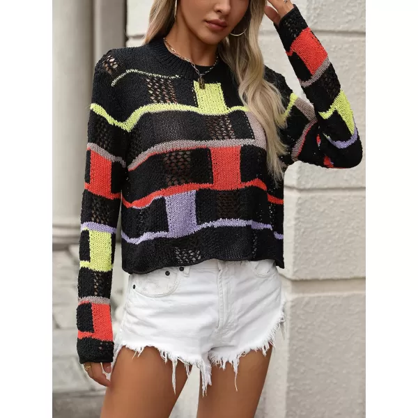chouyatou Womens Y2k Striped Crochet Sweater Crop Top Boho Plaid Color Block Long Sleeve Sweater TopsBlack