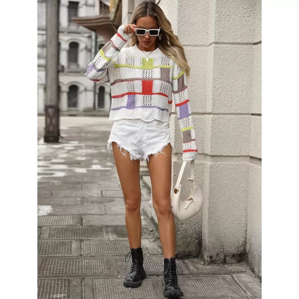 chouyatou Womens Y2k Striped Crochet Sweater Crop Top Boho Plaid Color Block Long Sleeve Sweater TopsWhite