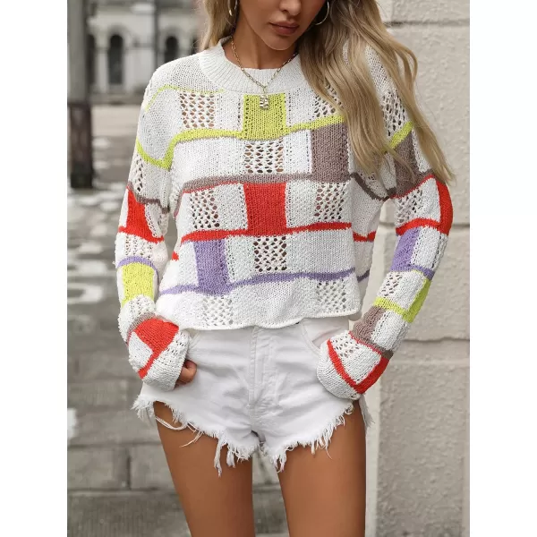 chouyatou Womens Y2k Striped Crochet Sweater Crop Top Boho Plaid Color Block Long Sleeve Sweater TopsWhite