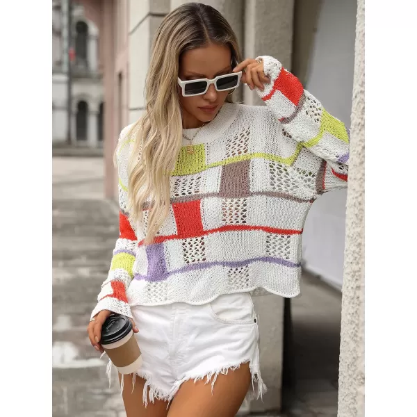 chouyatou Womens Y2k Striped Crochet Sweater Crop Top Boho Plaid Color Block Long Sleeve Sweater TopsWhite