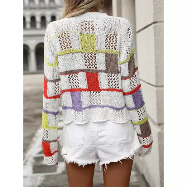 chouyatou Womens Y2k Striped Crochet Sweater Crop Top Boho Plaid Color Block Long Sleeve Sweater TopsWhite