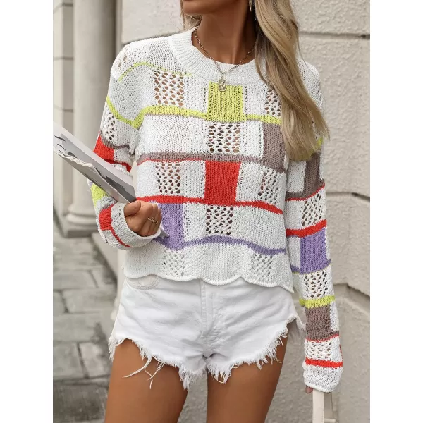 chouyatou Womens Y2k Striped Crochet Sweater Crop Top Boho Plaid Color Block Long Sleeve Sweater TopsWhite