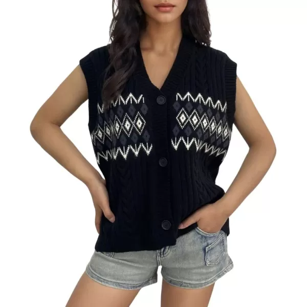 chouyatou Womens Argyle Plaid Button Up Sweater Vest 2024 Color Block Sleeveless Cable Knit Vest TopBlack