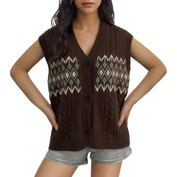 chouyatou Womens Argyle Plaid Button Up Sweater Vest 2024 Color Block Sleeveless Cable Knit Vest TopCoffee Brown