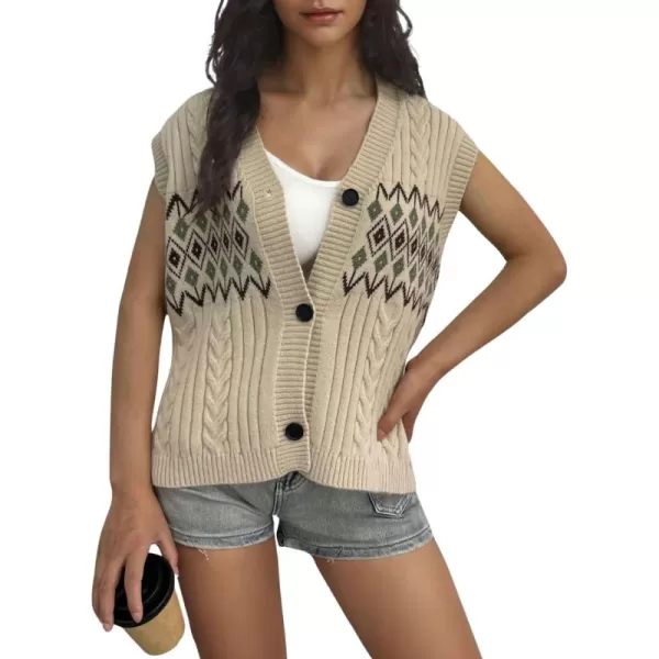 chouyatou Womens Argyle Plaid Button Up Sweater Vest 2024 Color Block Sleeveless Cable Knit Vest TopKhaki