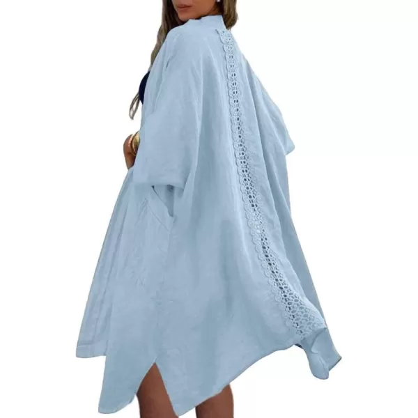 chouyatou Womens Boho Crochet Eyelet Open Front Irregular Long Cotton Beach Coverup Cardigan Shirt BlousesBlue