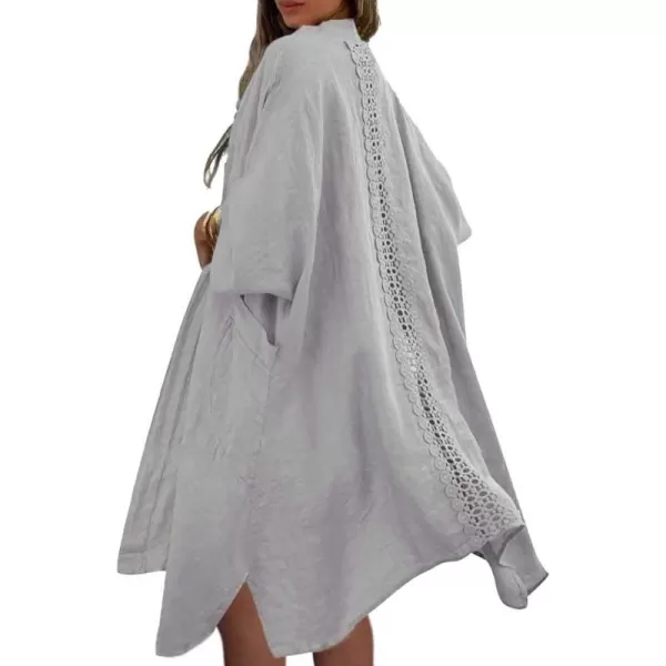 chouyatou Womens Boho Crochet Eyelet Open Front Irregular Long Cotton Beach Coverup Cardigan Shirt BlousesGray