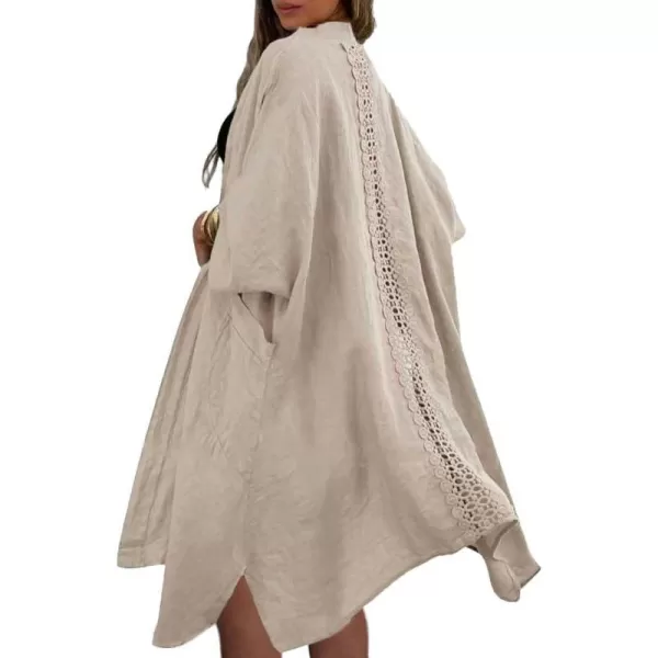 chouyatou Womens Boho Crochet Eyelet Open Front Irregular Long Cotton Beach Coverup Cardigan Shirt BlousesKhaki