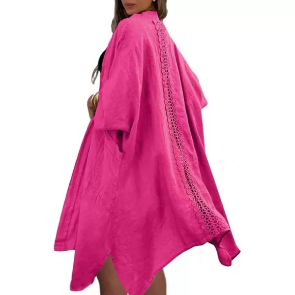 chouyatou Womens Boho Crochet Eyelet Open Front Irregular Long Cotton Beach Coverup Cardigan Shirt BlousesRose Red