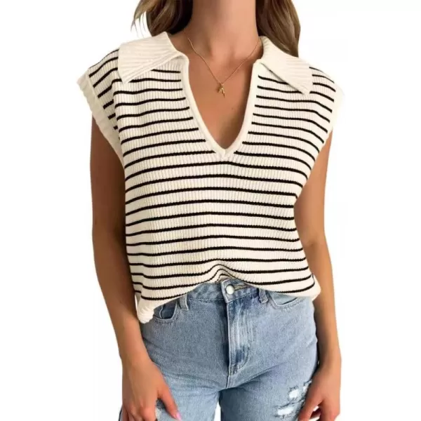 chouyatou Womens Color Block Striped Pattern Polo V Neck Collared Sleeveless Sweater Vest Tank TopsBeige