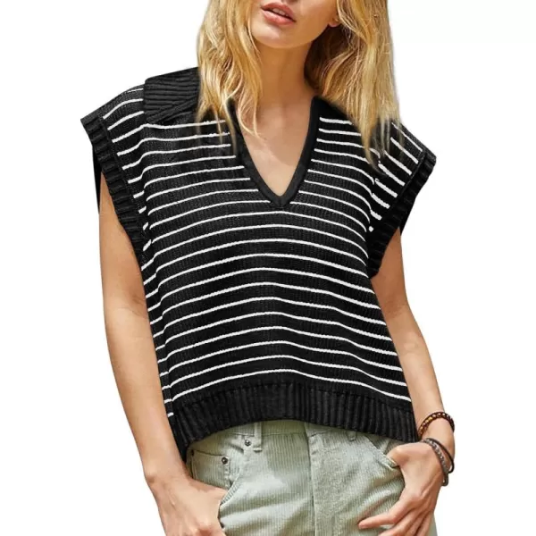 chouyatou Womens Color Block Striped Pattern Polo V Neck Collared Sleeveless Sweater Vest Tank TopsBlack