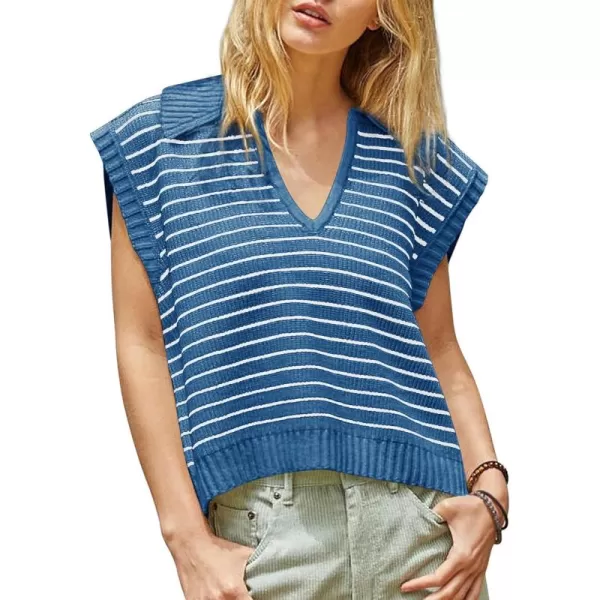 chouyatou Womens Color Block Striped Pattern Polo V Neck Collared Sleeveless Sweater Vest Tank TopsBlue