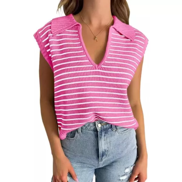 chouyatou Womens Color Block Striped Pattern Polo V Neck Collared Sleeveless Sweater Vest Tank TopsRose Red