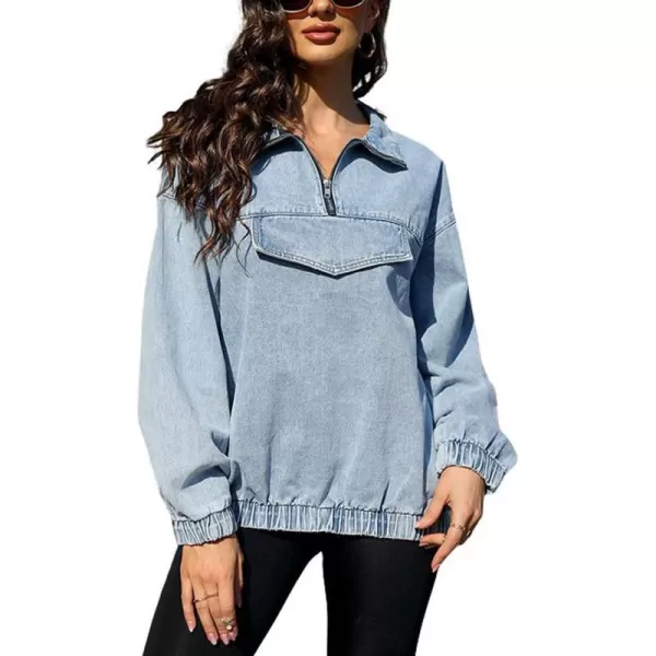 chouyatou Womens Fall Casual Half Zip Pullover Denim Sweatshirt Boyfriend Oversized Jean Jacket TopLight Blue