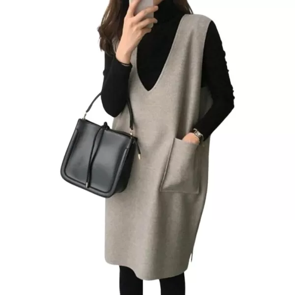 chouyatou Womens Long Wool Vest Sleeveless V Neck Wool Blend Midi Vest Dress with PocketsApricot Gray