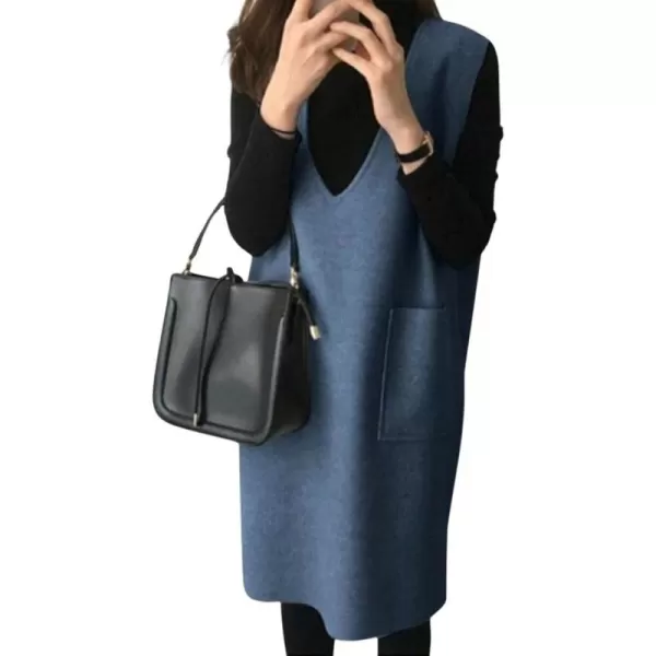 chouyatou Womens Long Wool Vest Sleeveless V Neck Wool Blend Midi Vest Dress with PocketsBlue