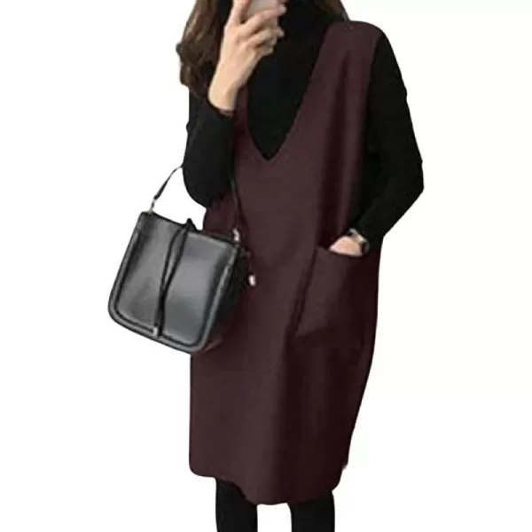chouyatou Womens Long Wool Vest Sleeveless V Neck Wool Blend Midi Vest Dress with PocketsBrown Purple
