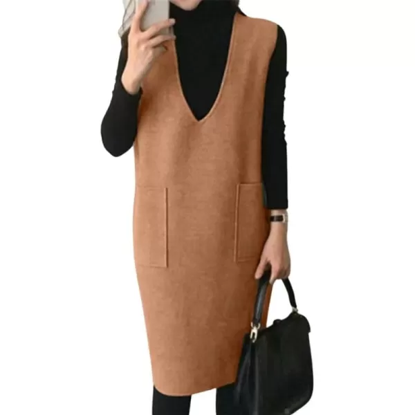 chouyatou Womens Long Wool Vest Sleeveless V Neck Wool Blend Midi Vest Dress with PocketsCaramel