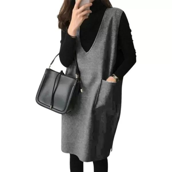 chouyatou Womens Long Wool Vest Sleeveless V Neck Wool Blend Midi Vest Dress with PocketsDark Gray