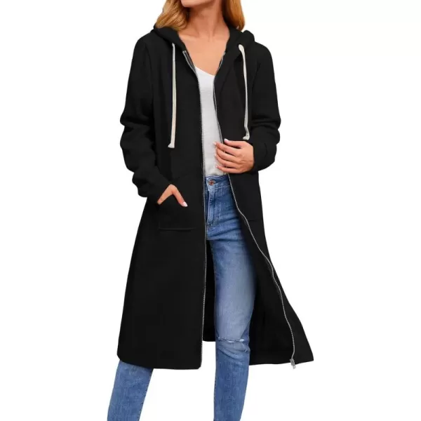 chouyatou Womens Long Zip Up Oversized Drawstring Hooded Hoodie Jacket SweatshirtBlack
