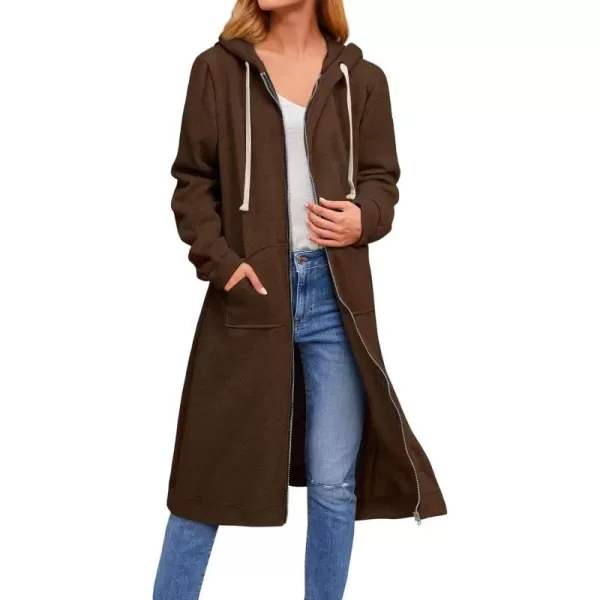 chouyatou Womens Long Zip Up Oversized Drawstring Hooded Hoodie Jacket SweatshirtCoffee