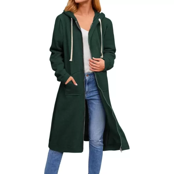 chouyatou Womens Long Zip Up Oversized Drawstring Hooded Hoodie Jacket SweatshirtDark Green