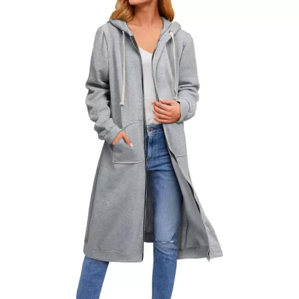 chouyatou Womens Long Zip Up Oversized Drawstring Hooded Hoodie Jacket SweatshirtGrey