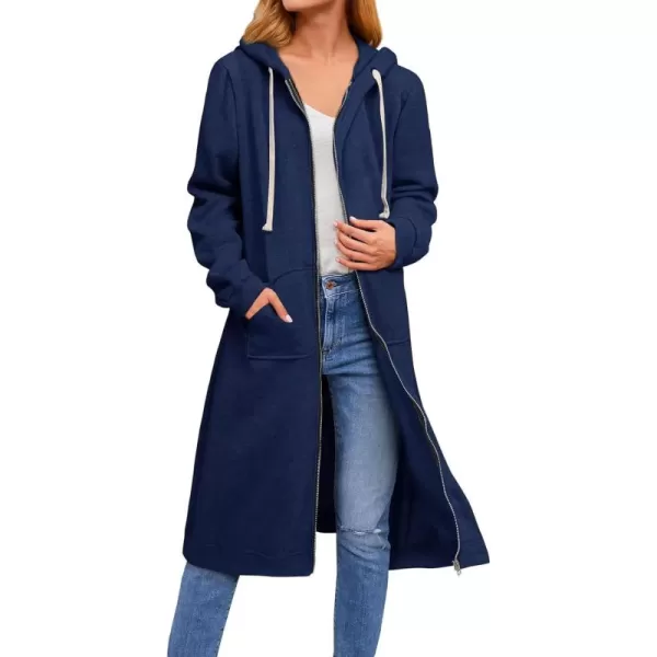 chouyatou Womens Long Zip Up Oversized Drawstring Hooded Hoodie Jacket SweatshirtNavy