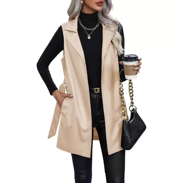 chouyatou Womens Notched Lapel Open Front Sleeveless Pu Faux Leather Vest Jacket with BeltApricot