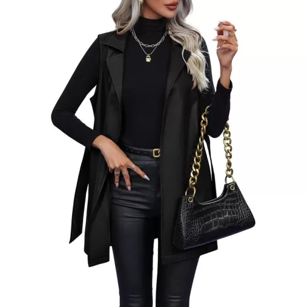 chouyatou Womens Notched Lapel Open Front Sleeveless Pu Faux Leather Vest Jacket with BeltBlack