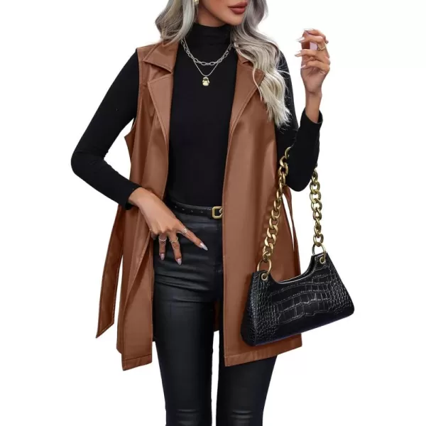 chouyatou Womens Notched Lapel Open Front Sleeveless Pu Faux Leather Vest Jacket with BeltBrown