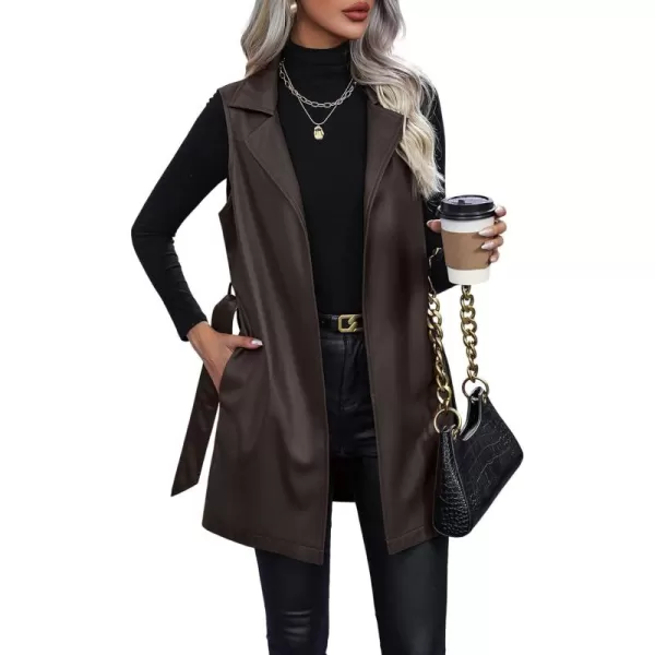chouyatou Womens Notched Lapel Open Front Sleeveless Pu Faux Leather Vest Jacket with BeltCoffee