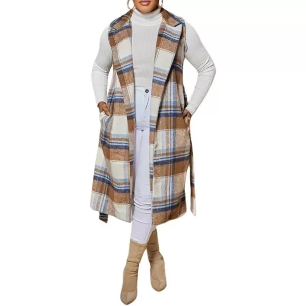 chouyatou Womens Open Front Plaid Long Wool Vest Notched Lapel Sleeveless Wool Blend Trench Pea Coat with BeltKhaki