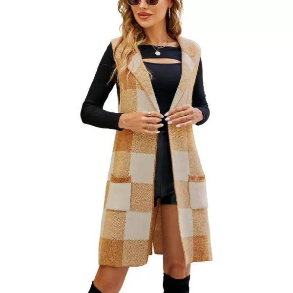 chouyatou Womens Open Front Plaid Sweater Vest Notched Lapel Sleeveless Jacquard Knit Vest JacketKhaki Brown