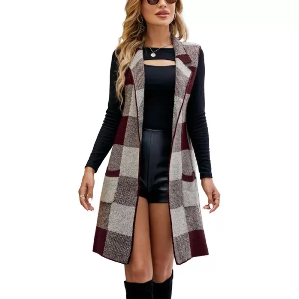 chouyatou Womens Open Front Plaid Sweater Vest Notched Lapel Sleeveless Jacquard Knit Vest JacketWine Red