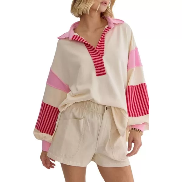 chouyatou Womens Oversized VNeck Polo Collared Sweatshirt Color Block Splicing Workout Pullover Tops Fall OutfitsApricot