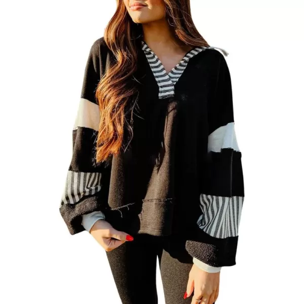 chouyatou Womens Oversized VNeck Polo Collared Sweatshirt Color Block Splicing Workout Pullover Tops Fall OutfitsBlack