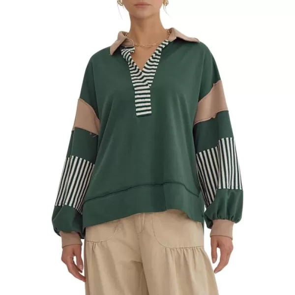 chouyatou Womens Oversized VNeck Polo Collared Sweatshirt Color Block Splicing Workout Pullover Tops Fall OutfitsDark Green