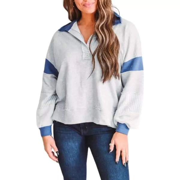 chouyatou Womens Oversized VNeck Polo Collared Sweatshirt Color Block Splicing Workout Pullover Tops Fall OutfitsGrey