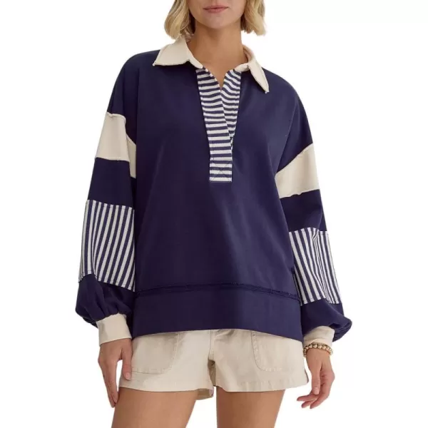 chouyatou Womens Oversized VNeck Polo Collared Sweatshirt Color Block Splicing Workout Pullover Tops Fall OutfitsNavy Blue