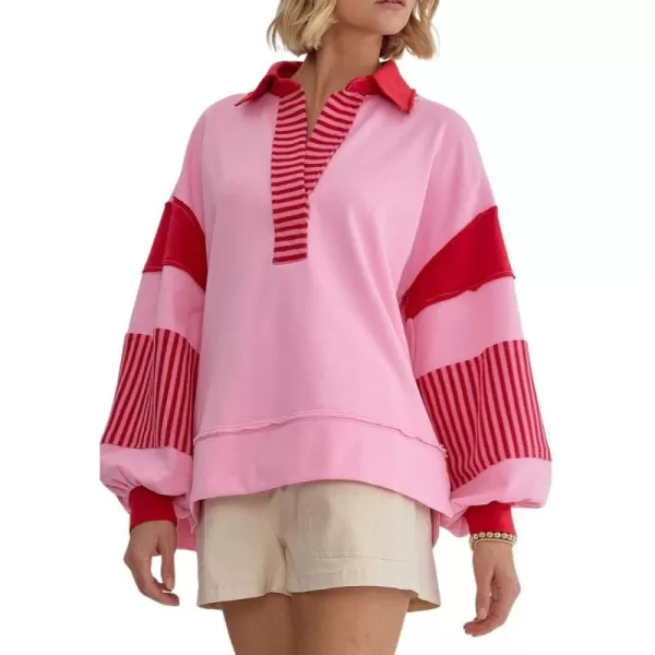 chouyatou Womens Oversized VNeck Polo Collared Sweatshirt Color Block Splicing Workout Pullover Tops Fall OutfitsPink