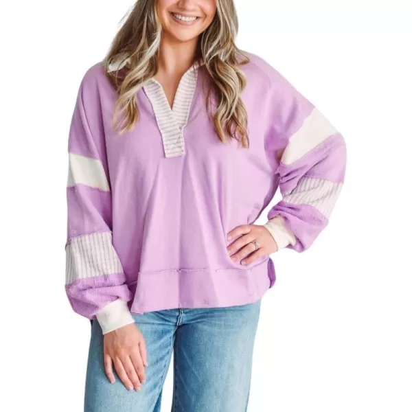 chouyatou Womens Oversized VNeck Polo Collared Sweatshirt Color Block Splicing Workout Pullover Tops Fall OutfitsPurple