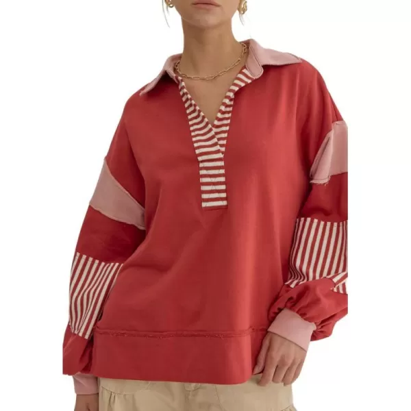 chouyatou Womens Oversized VNeck Polo Collared Sweatshirt Color Block Splicing Workout Pullover Tops Fall OutfitsRed