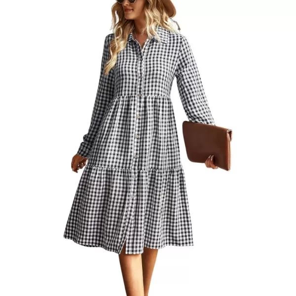 chouyatou Womens Plaid Button Down Shirt Dress Long Sleeve Gingham Midi Long DressBlack