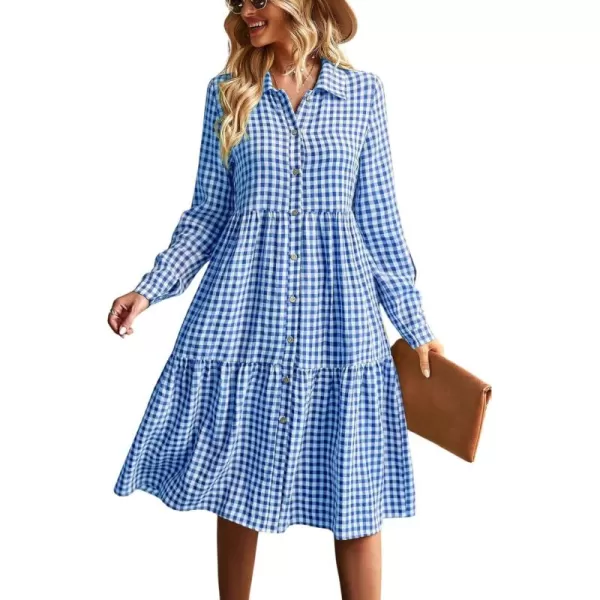 chouyatou Womens Plaid Button Down Shirt Dress Long Sleeve Gingham Midi Long DressDark Blue