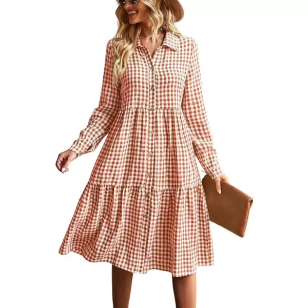 chouyatou Womens Plaid Button Down Shirt Dress Long Sleeve Gingham Midi Long DressOrange