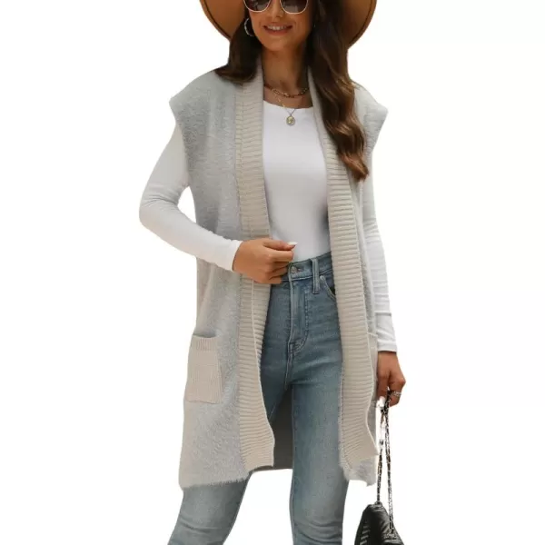 chouyatou Womens Shawl Collar Fuzzy Fleece Knit Vest Open Front Sleeveless Furry Long Sweater Vest with PocketsGray