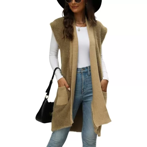 chouyatou Womens Shawl Collar Fuzzy Fleece Knit Vest Open Front Sleeveless Furry Long Sweater Vest with PocketsKhaki