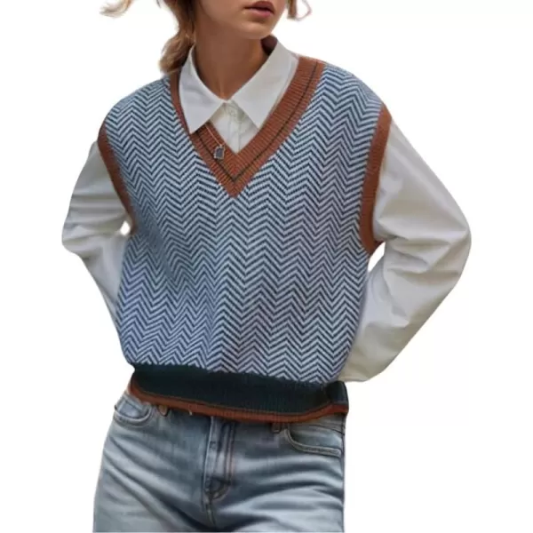 chouyatou Womens Sleeveless Wavy Stripes V Neck Sweater Vest Color Block Pullover Knitwear Tank TopsBlue Striped