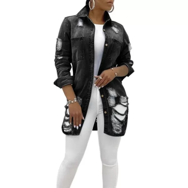 chouyatou Womens Spring Fall Wear Ripped Hole Casual Mid Long Denim Jacket CoatBlack